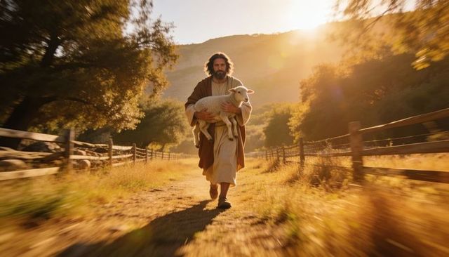 Sunlit shepherd carrying lamb along rustic country path at golden hour for inspirational scenes