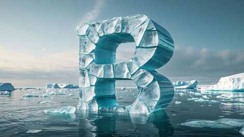 Frozen ice sculpture letter b floating in arctic waters