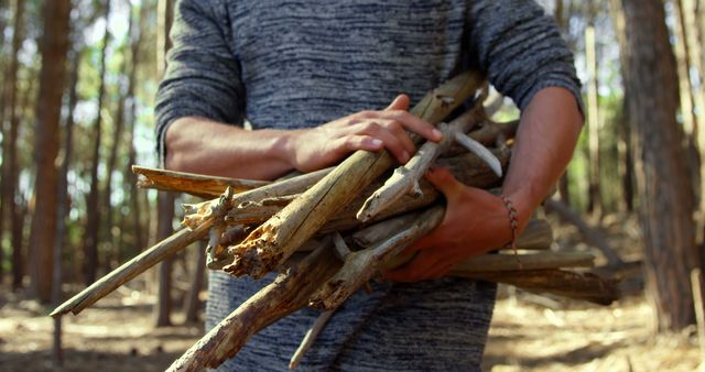 Person in casual clothing holding gathered firewood sticks in forest. Useful for concepts related to outdoor survival skills, sustainable activities, nature, camping, and rustic living.