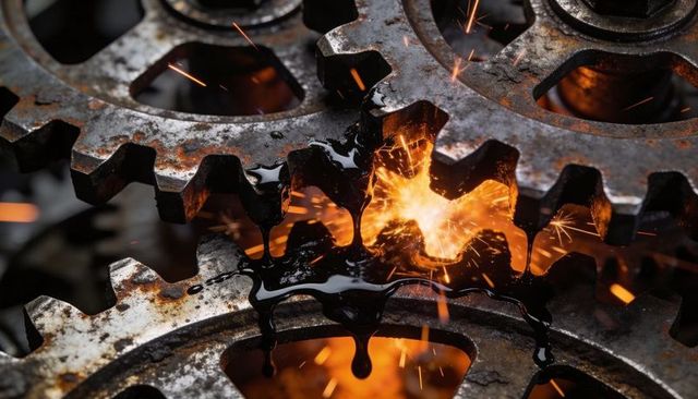 Sparking rusted spur gears with dripping black lubricant and molten sparks macro close-up