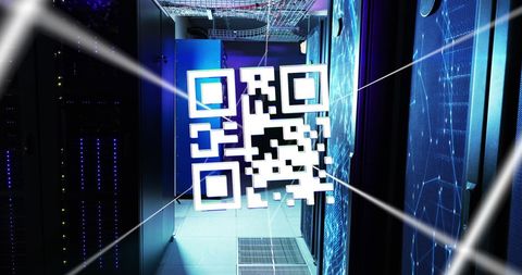 Digital qr code on glowinh data servers in technology concept
