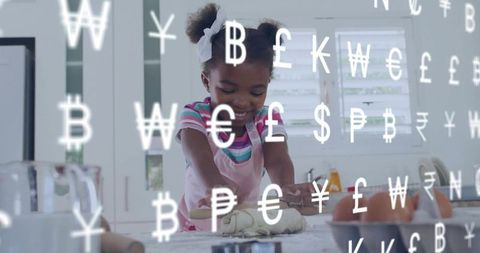 Smiling girl kneading dough in sunlit kitchen with floating currency symbols, pastel tones