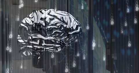 Futuristic Metallic Brain with Binary Code in Virtual Reality