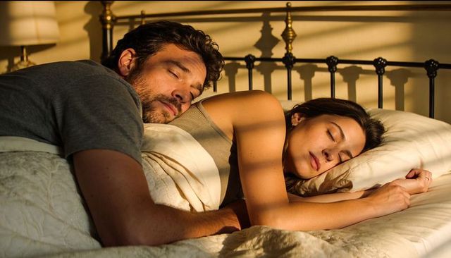 Sunlit Morning Couple Spoon Sleeping in Bed with Blinds Shadow Stripes, Intimate Cozy