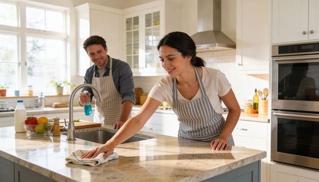 Couple cleaning modern kitchen together, wiping marble island countertop and spraying cleaner