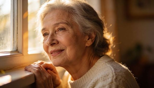 Sunlit senior woman gazing through window in cozy knit sweater, warm golden-hour portrait