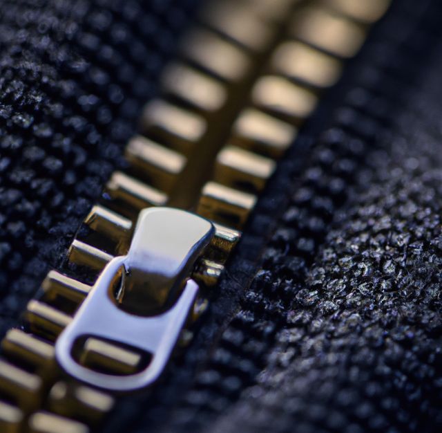 Detailed close-up showing metallic zipper on black fabric. Ideal for use in advertisements for clothing brands, fashion accessories, garment manufacturing, and fabric trade. Useful for illustrating textile construction, sewing projects, and design details.