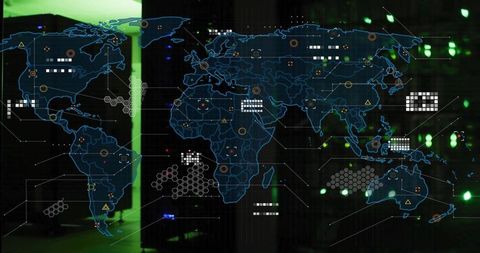 Neon-Blue World Map Hologram Overlaying Server Network Visualization with Hex Clusters
