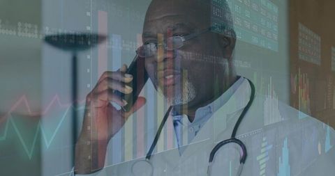 Senior doctor using smartphone with data overlays in modern office