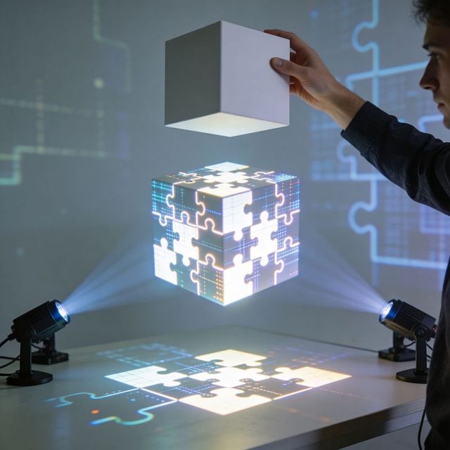 Manipulating holographic puzzle cube with projection mapping and interactive light display