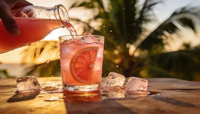Pouring grapefruit cooler over ice on tropical sunset bar with backlit palm glow