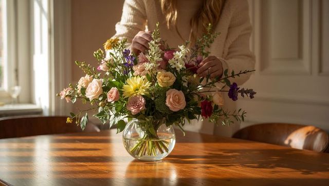 Woman arranging pastel floral bouquet on cozy sunlit wooden dining table with glass vase