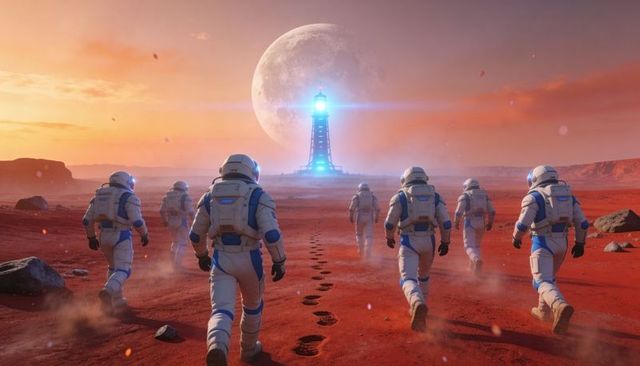 Astronauts Marching Toward Beacon on Red Planet Under Moon at Fiery Sunset Following Light