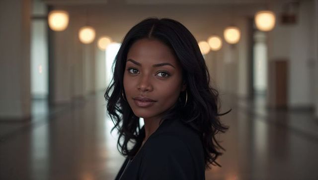 Confident professional woman wearing blazer and hoops facing camera in modern hallway