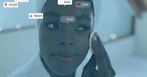 African descent woman practicing skincare with social media engagement