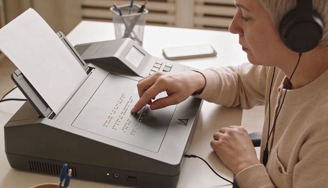 Senior woman reading braille with headphones using desktop embosser for accessibility