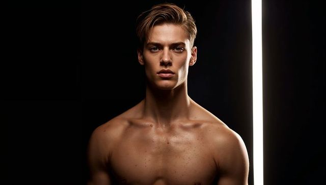 Shirtless male model with dramatic high-contrast rim lighting highlighting facial bone structure