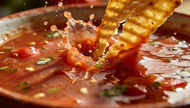 Ridged tortilla chip dipping into chunky tomato salsa splash with cilantro and golden crumbs