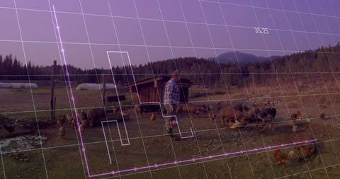 Farmer Inspecting Pasture with Livestock Amid Grid Overlay