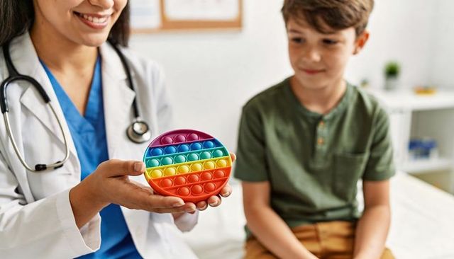 Pediatrician offering rainbow pop-it fidget toy to smiling boy on exam table