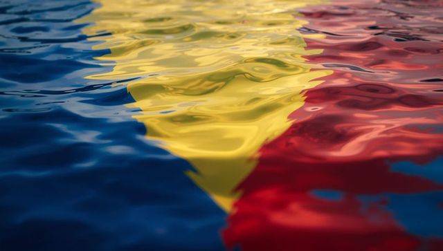 Rippling blue yellow red tricolor reflections on calm water surface