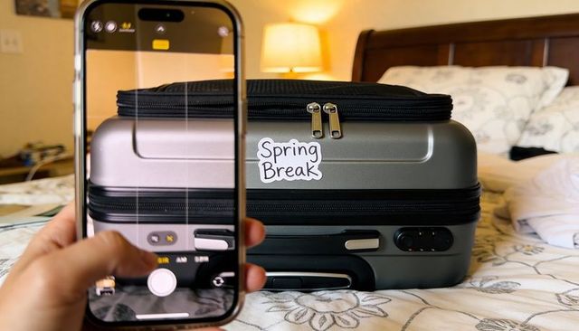 Capturing spring break suitcase on bed with smartphone for travel packing inspiration