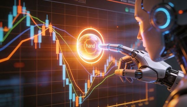 Humanoid Robot Touching Holographic Trading Interface with Candlestick Charts and Analysis