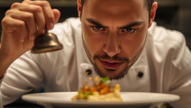 Focused chef inspecting gourmet plate, plating and seasoning with bell and microgreens