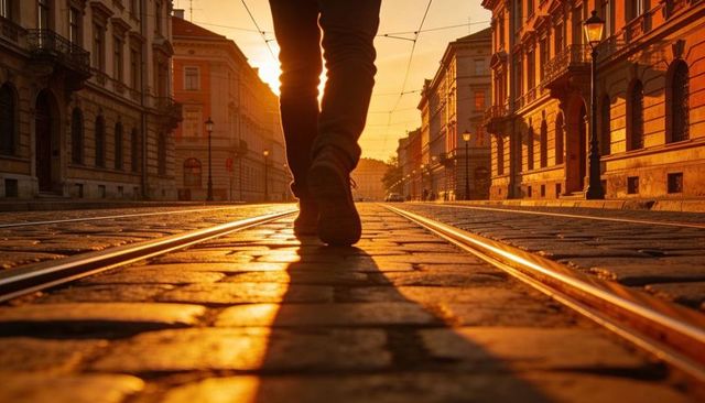 Walking along tram rails at golden hour on historic cobblestone avenue with long shadows
