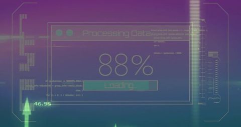 Neon Cyberpunk HUD Loading Screen Showing 88% Processing Data on Purple-Teal Interface
