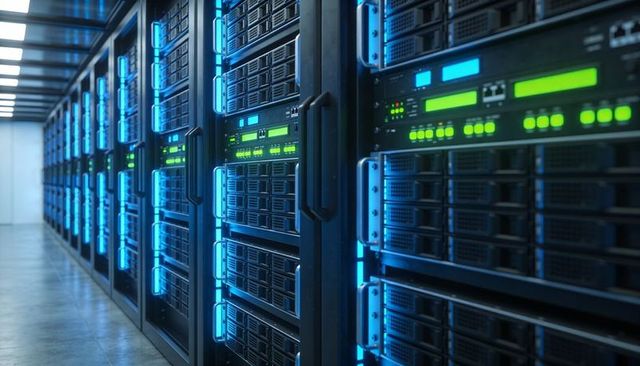 Running data center server racks with illuminated drive bays and green status LEDs, blue LED strips