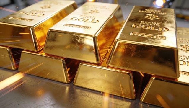 Gleaming gold bars stacked with embossed stamps and orange sparks, reflecting luxury