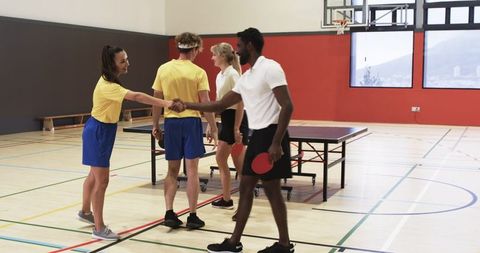Diverse Friends Shaking Hands Over Ping Pong Table in Sports Hall