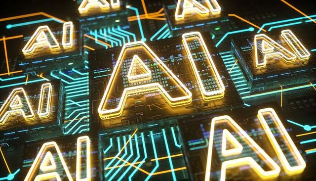 Glowing ai circuit matrix hovering over neon-gold microchip tiles with cyan trace grid