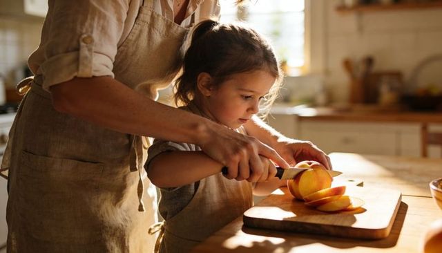Sunlit kitchen caregiver teaching young girl to cut peach on wooden board with aprons