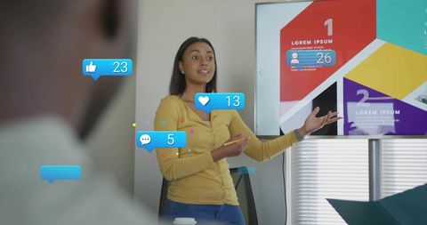 Young professional presenting with social media engagement overlays during office meeting