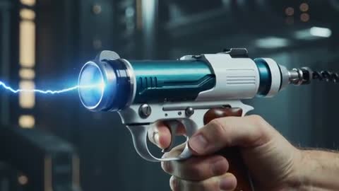 Operator Firing Futuristic Energy Pistol in Dim Lab, Electric Arc Emitting from Barrel