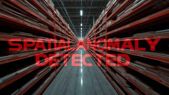 Detecting spatial anomaly in warehouse aisle with converging racks and red warning text