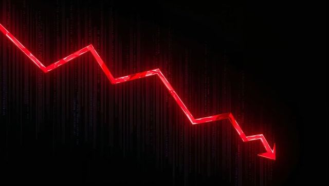 Glowing Neon Red Zigzag Arrow Pointing Downward Representing Market Crash and Data Glitch