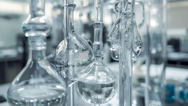 Reflecting laboratory glassware cluster featuring round-bottom flasks, condensers, glass tubing