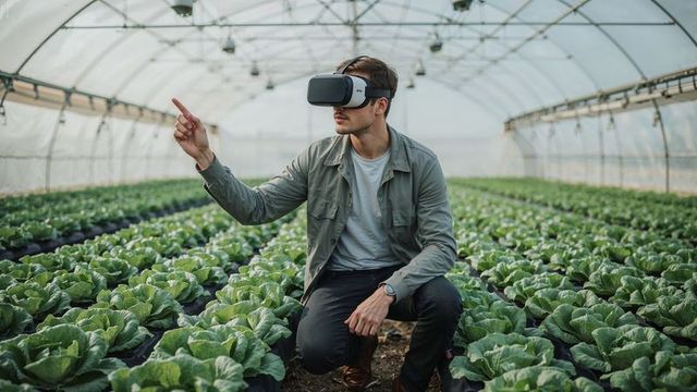 Man Using VR Headset in Futuristic Greenhouse with Cabbage Plants