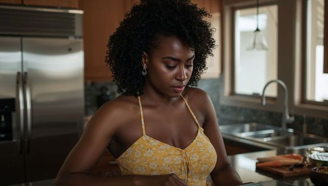 Woman in yellow floral top preparing vegetables in modern kitchen