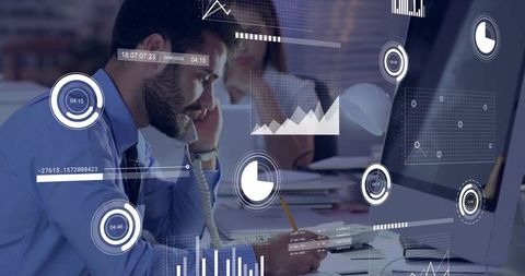 Business Analyst Holding Corded Phone Taking Notes with Data Analytics HUD Overlay