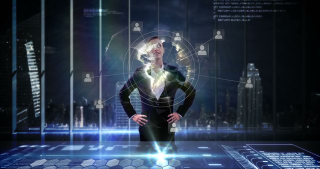 Futuristic Businessman Interacting with Data on Virtual Interface in Modern Office - Download Free Stock Photos Pikwizard.com