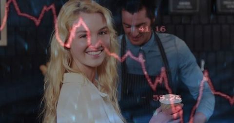 Smiling Customer at Cafe with Digital Financial Graph Overlay