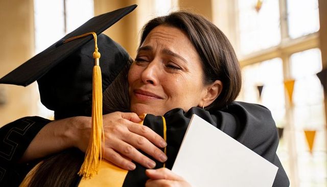 Emotional mother hugging graduate with mortarboard and diploma folder, tearful celebration