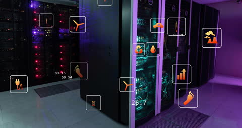 Animation of Eco Icons with Data Over Servers in High-Tech Facility