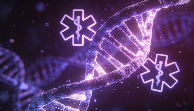Glowing dna helix floating with neon star of life icons for genomic medicine visuals