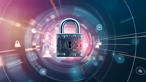 Secure Digital Network Padlock with Data Encryption Icons