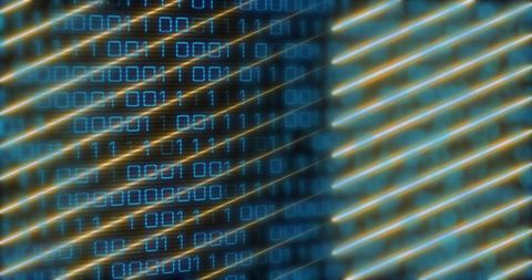 Blue binary data stream with diagonal gold light streaks, digital grid texture and depth